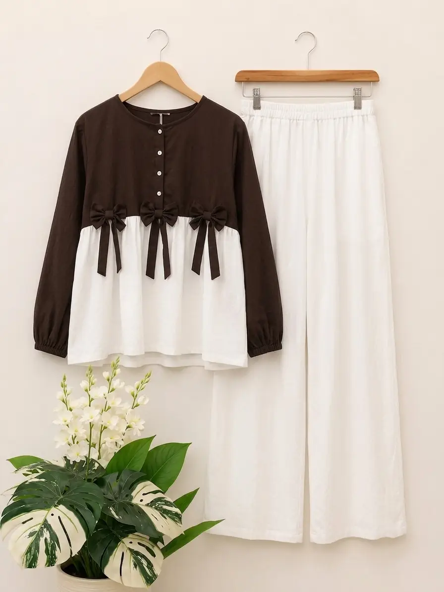 Women Summer Cotton 2 Pcs Frock Shirt & Flapper Set – Front Bow Airline Style Short Frock, Casual Co-Ord Outfit for Women