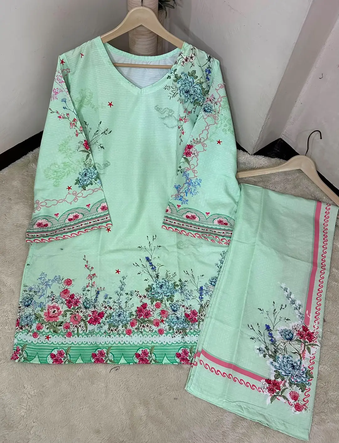 2 Pcs Women's Stitched Lawn Printed Shirt And Trouser