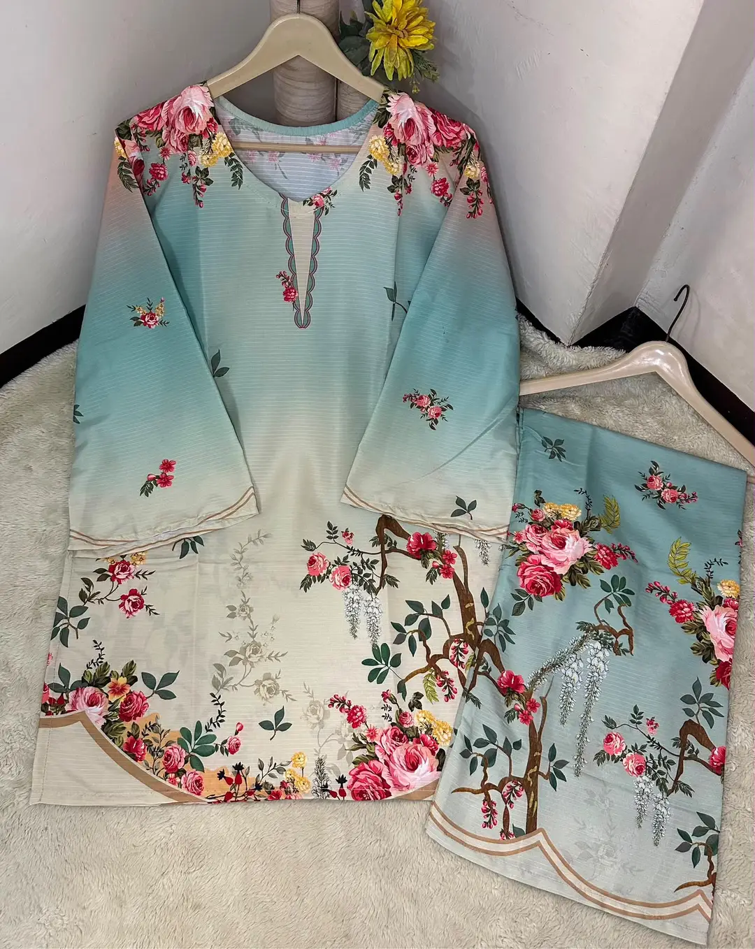 2 Pcs Women's Stitched Lawn Printed Shirt And Trouser