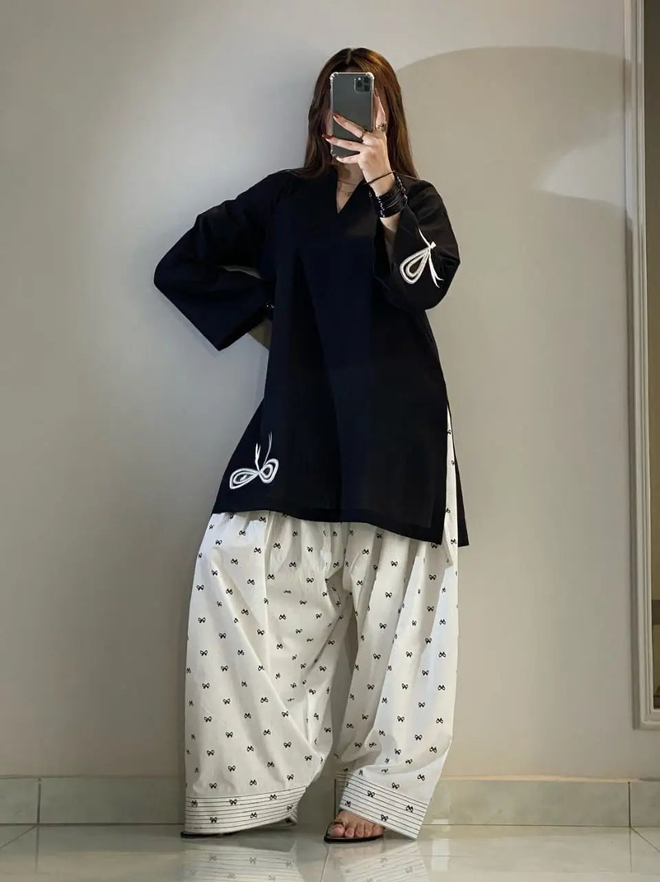 Bow Embroidered Farshi Shalwar 2 Piece Suit for Women | Cotton Embroidered Shirt & Farshi Shalwar