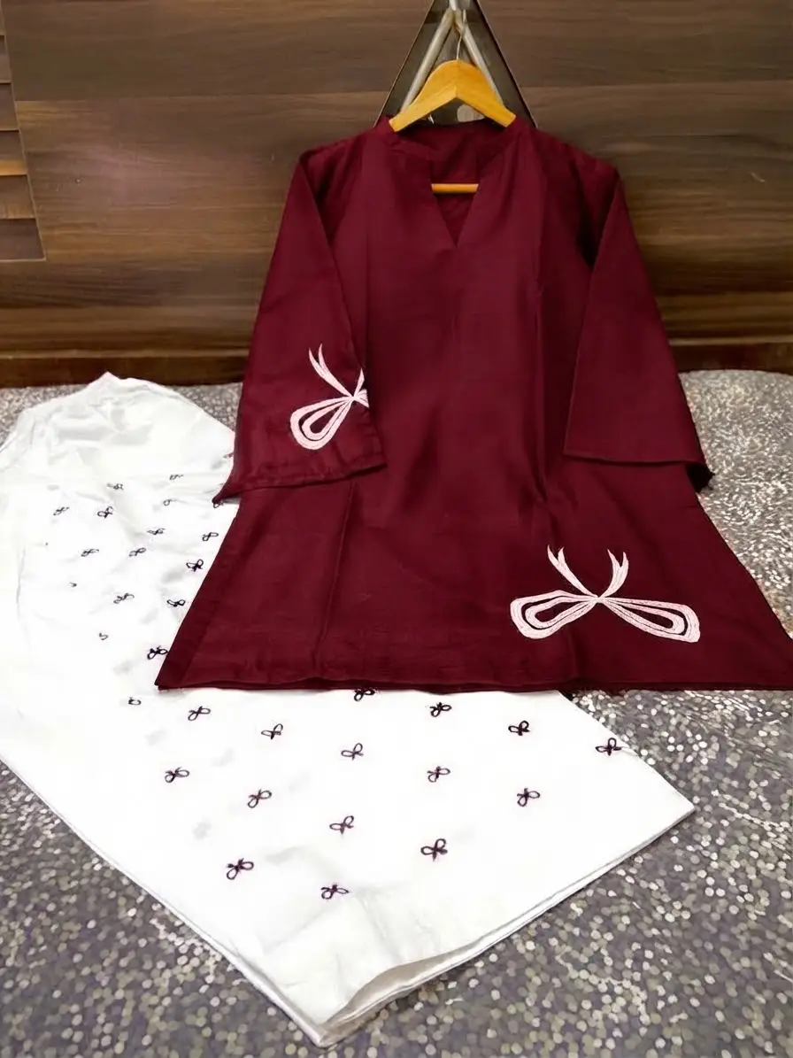 2 Pcs Women's Stitched Cotton Embroidered Shirt And Shalwar