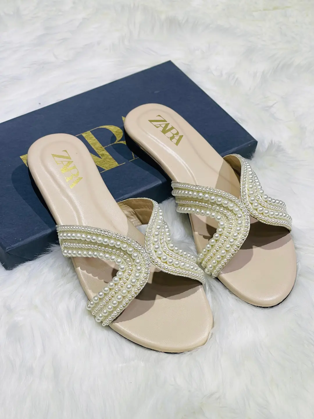 ZARA Pearl Embroidered Flats for Women – Premium Stylish Casual Slip-On Shoes with Brand Box | Sizes 36-42