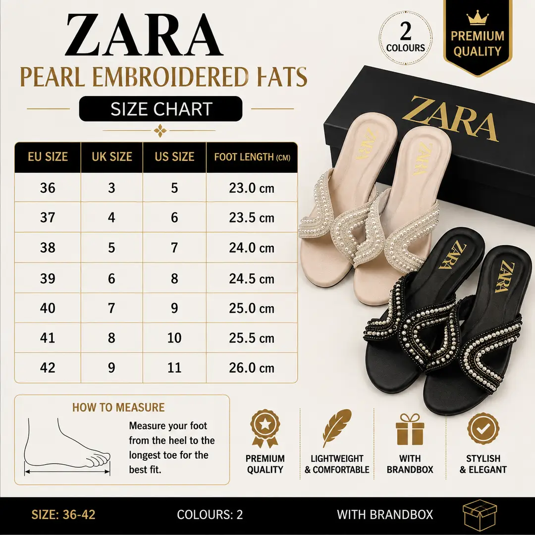 ZARA Pearl Embroidered Flats for Women – Premium Stylish Casual Slip-On Shoes with Brand Box | Sizes 36-42