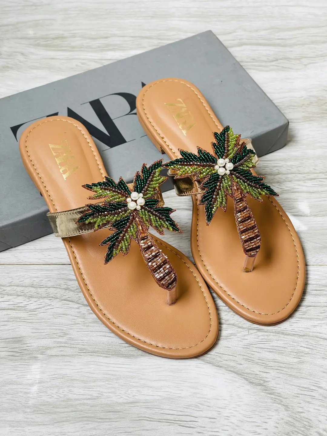 ZARA Embellished Flats for Women – Beaded Palm Leaf Toe Ring Sandals | Stylish Slip-On Casual Summer Flats | Ladies Fashion Sandals with Brand Box