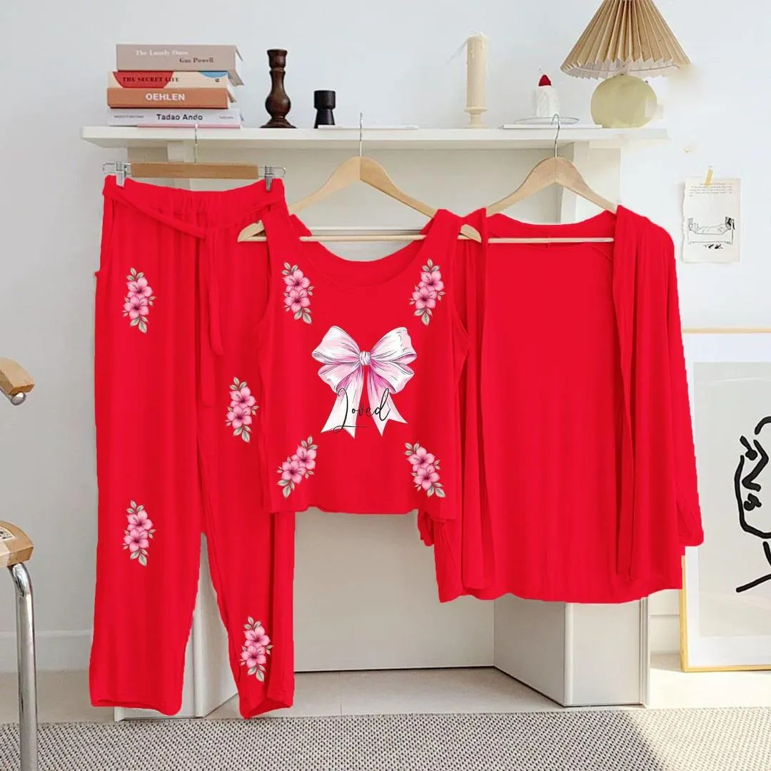 Red Printed 3Pcs Women Night Suit Set with Bow
