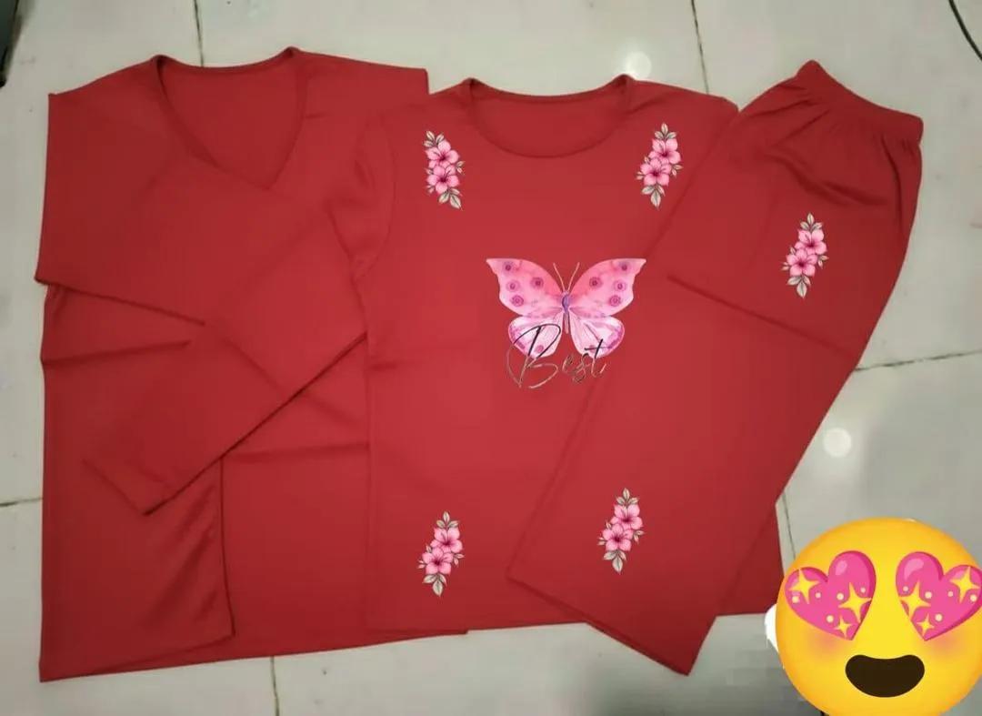 Red Printed 3Pcs Women Night Suit Set with Bow