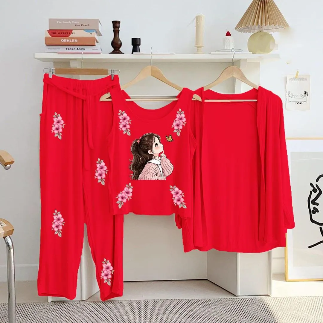 Red Printed 3Pcs Women Jersey Night Suit Set
