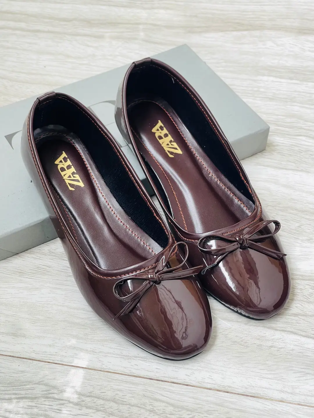 ZARA Flats Pumps for Women – Patent Leather Bow Ballet Flats | Round Toe Slip-On Casual, Office & Party Shoes | Sizes 36-42 | With Brand Box