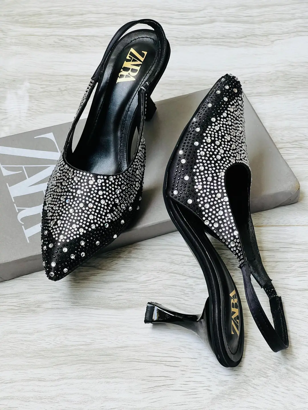ZARA Stone Heels for Women – Rhinestone Slingback Pointed Toe Party Heels with Brand Box