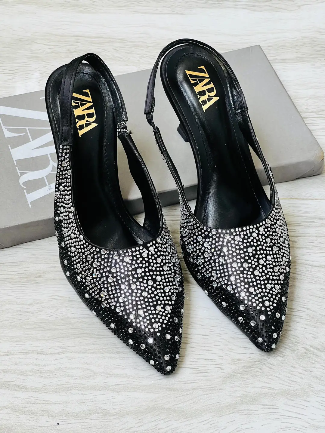 ZARA Stone Heels for Women – Rhinestone Slingback Pointed Toe Party Heels with Brand Box