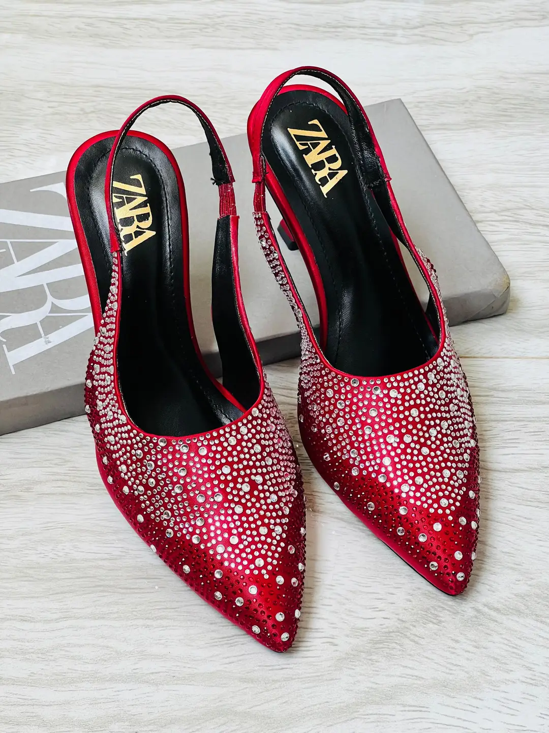 ZARA Stone Heels for Women – Rhinestone Slingback Pointed Toe Party Heels with Brand Box