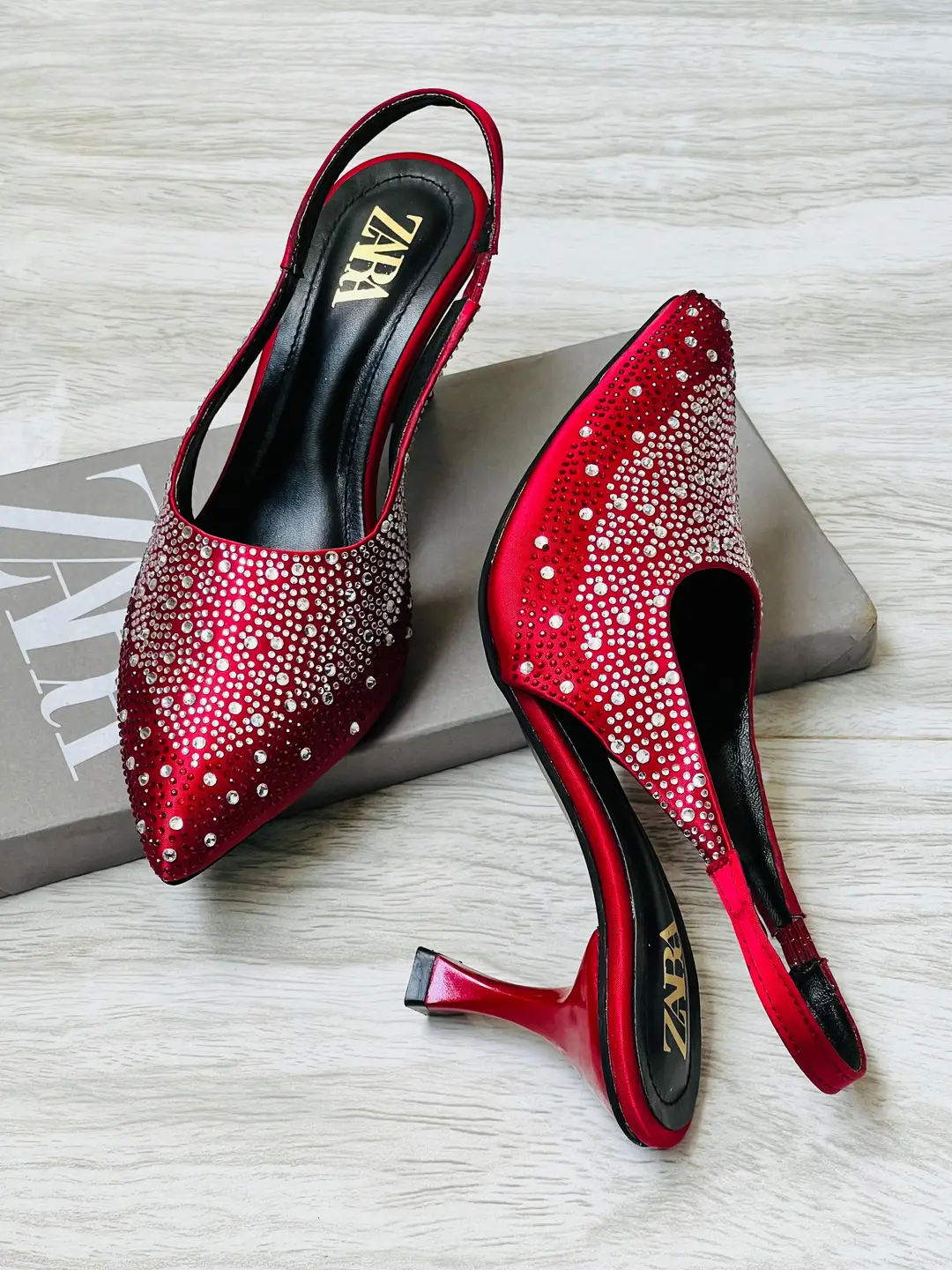 ZARA Stone Heels for Women – Rhinestone Slingback Pointed Toe Party Heels with Brand Box