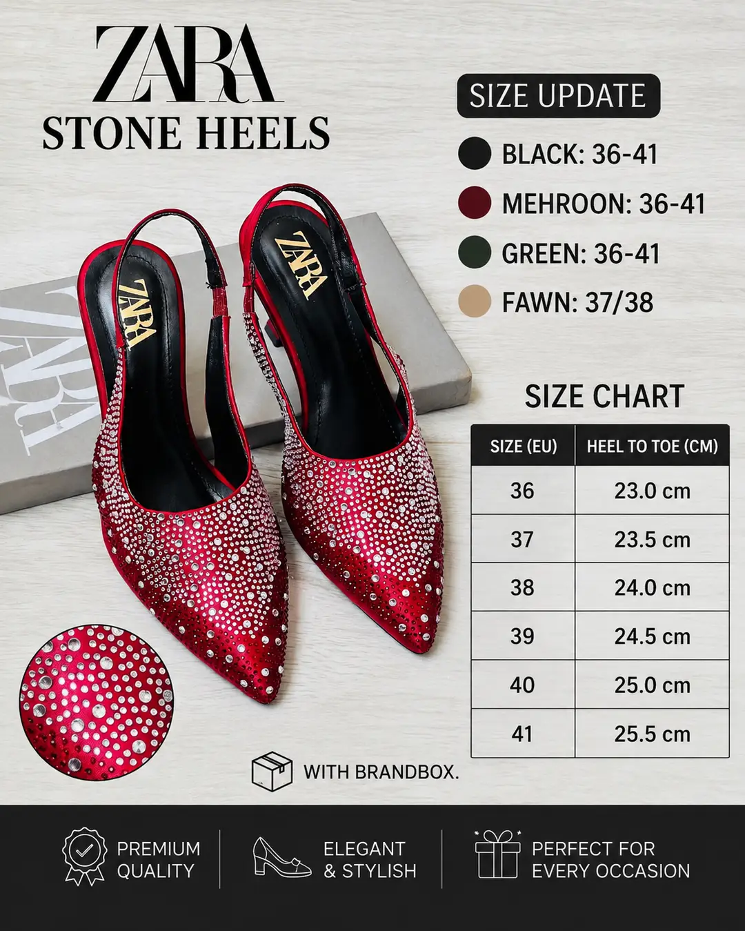 ZARA Stone Heels for Women – Rhinestone Slingback Pointed Toe Party Heels with Brand Box