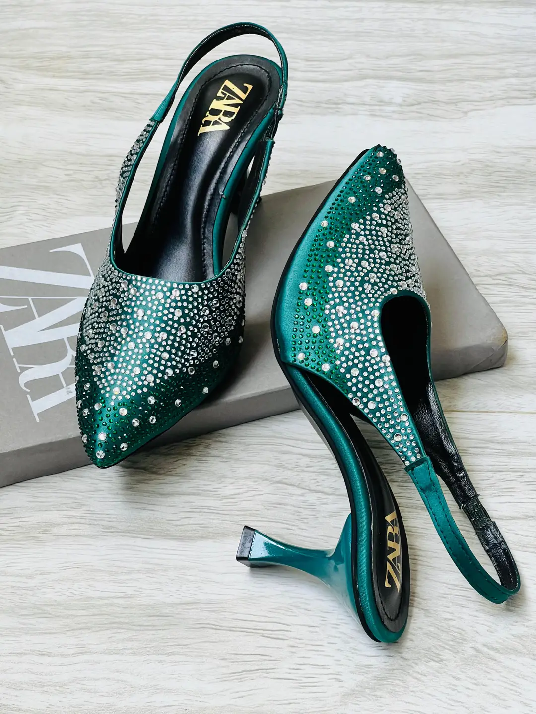 ZARA Stone Heels for Women – Rhinestone Slingback Pointed Toe Party Heels with Brand Box