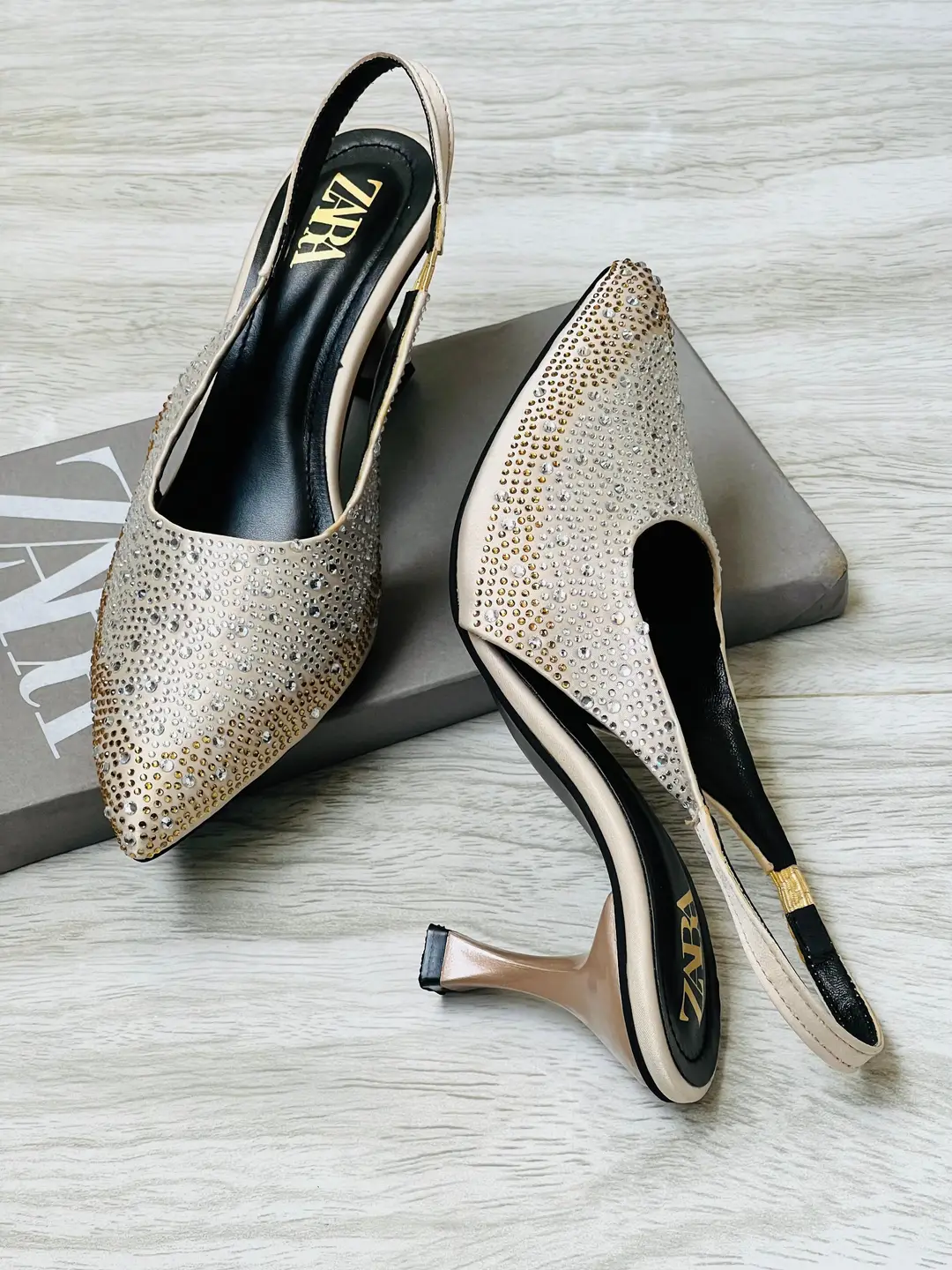ZARA Stone Heels for Women – Rhinestone Slingback Pointed Toe Party Heels with Brand Box
