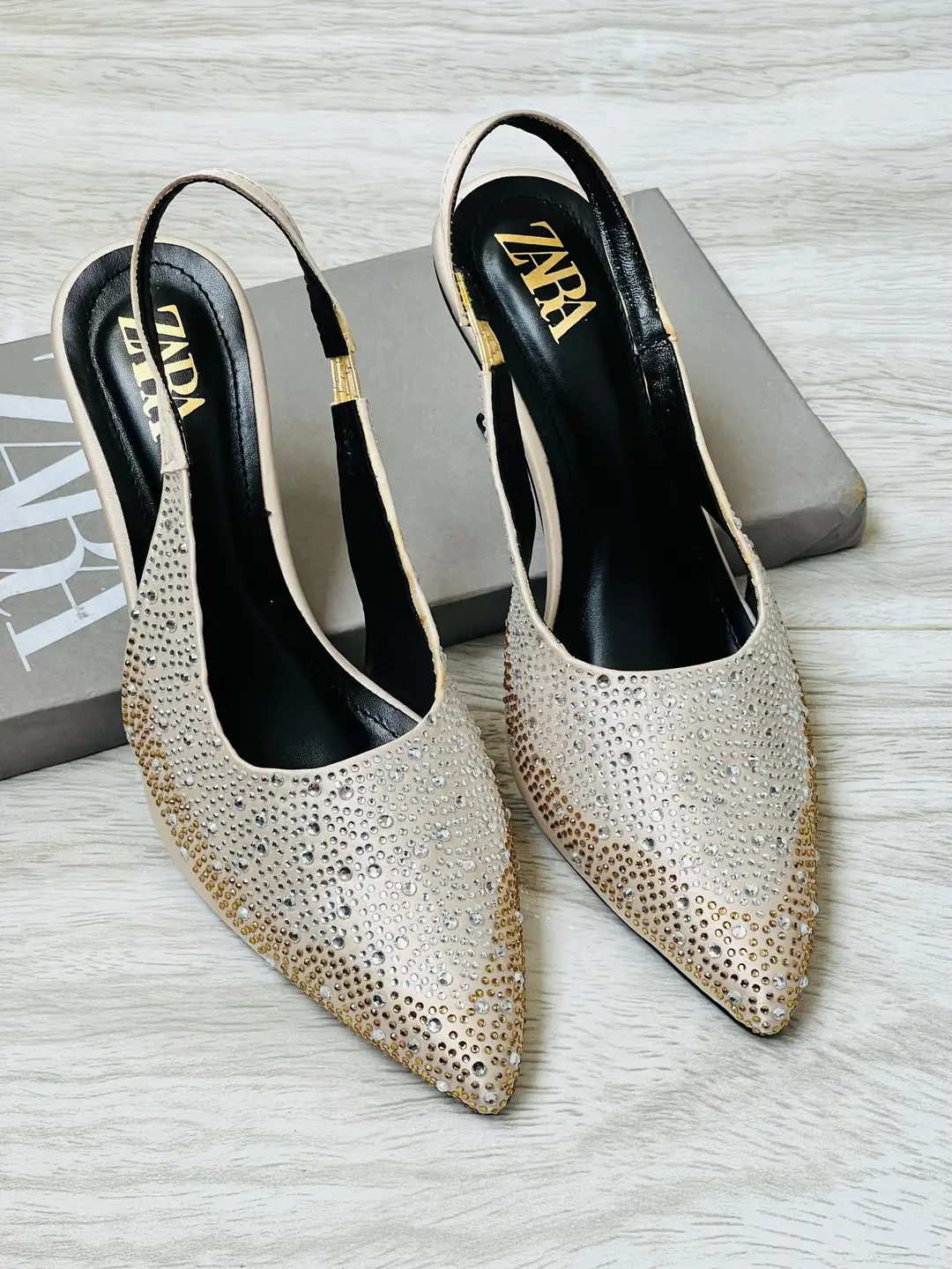 ZARA Stone Heels for Women – Rhinestone Slingback Pointed Toe Party Heels with Brand Box