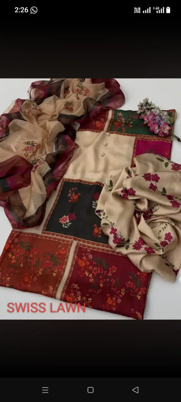Unstitched Digital Printed Swiss Lawn 3 Piece Suit for Women | Floral Printed Swiss Lawn Shirt & Trouser with Poly Silk Dupatta | Summer Lawn Collection