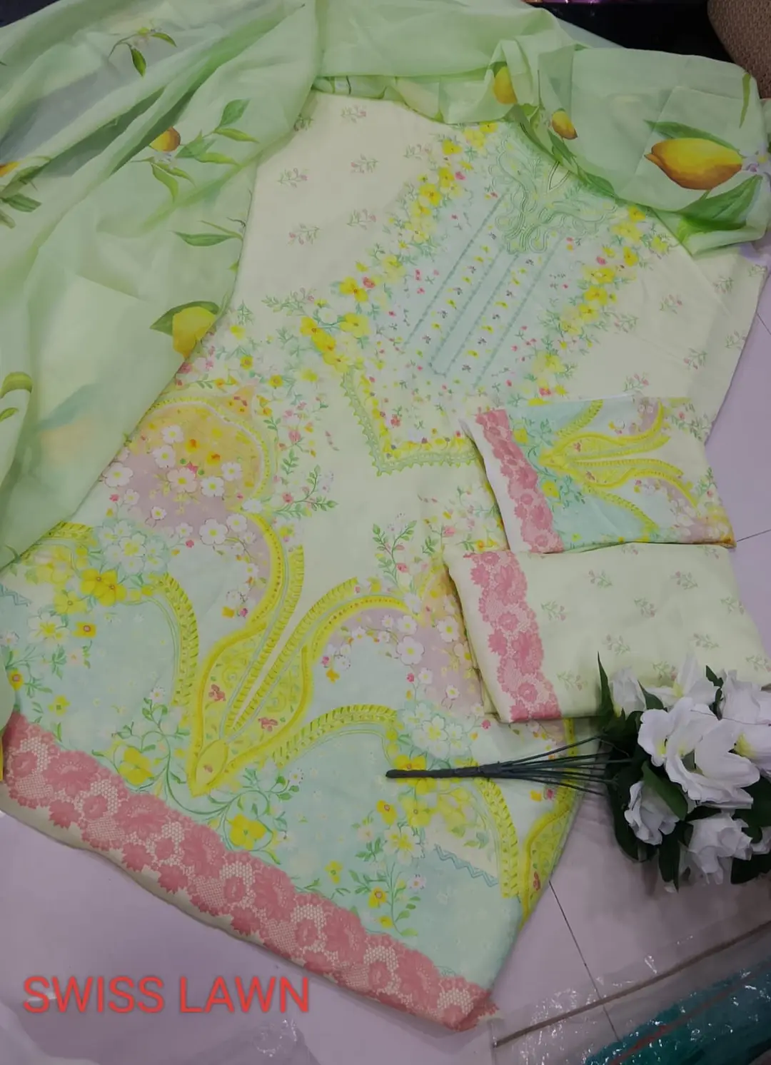 Unstitched Digital Printed Swiss Lawn 3 Piece Suit for Women | Floral Printed Swiss Lawn Shirt & Trouser with Poly Silk Dupatta | Summer Lawn Collection