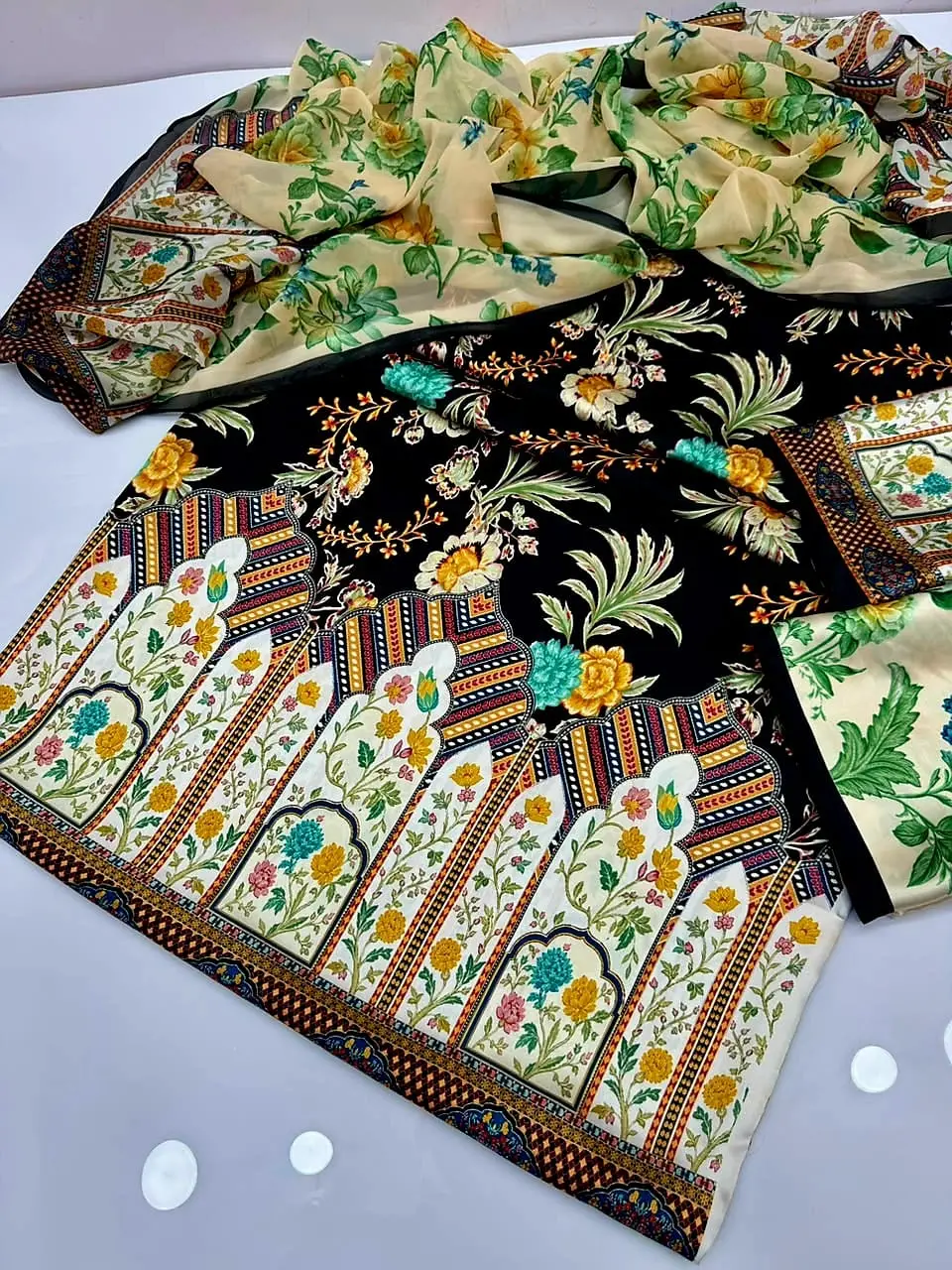 3 Piece Silky Suit for Women | Multi Shaded Digital Printed Airline Long Shirt | China Silk Dupatta | Printed Silky Trouser | Unstitched Pakistani Party Wear Dress