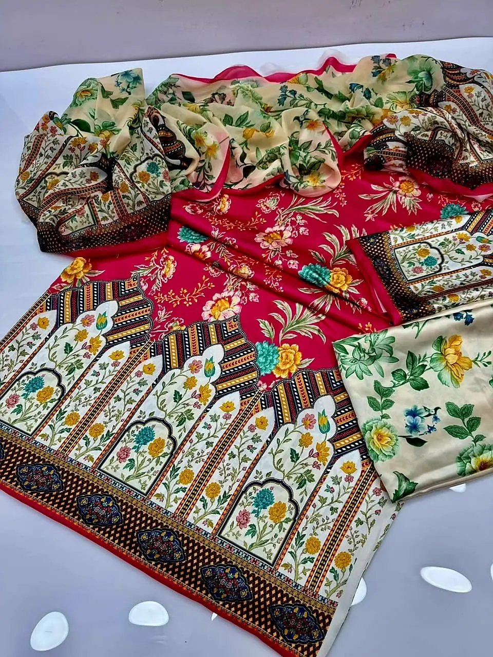 3 Piece Silky Suit for Women | Multi Shaded Digital Printed Airline Long Shirt | China Silk Dupatta | Printed Silky Trouser | Unstitched Pakistani Party Wear Dress