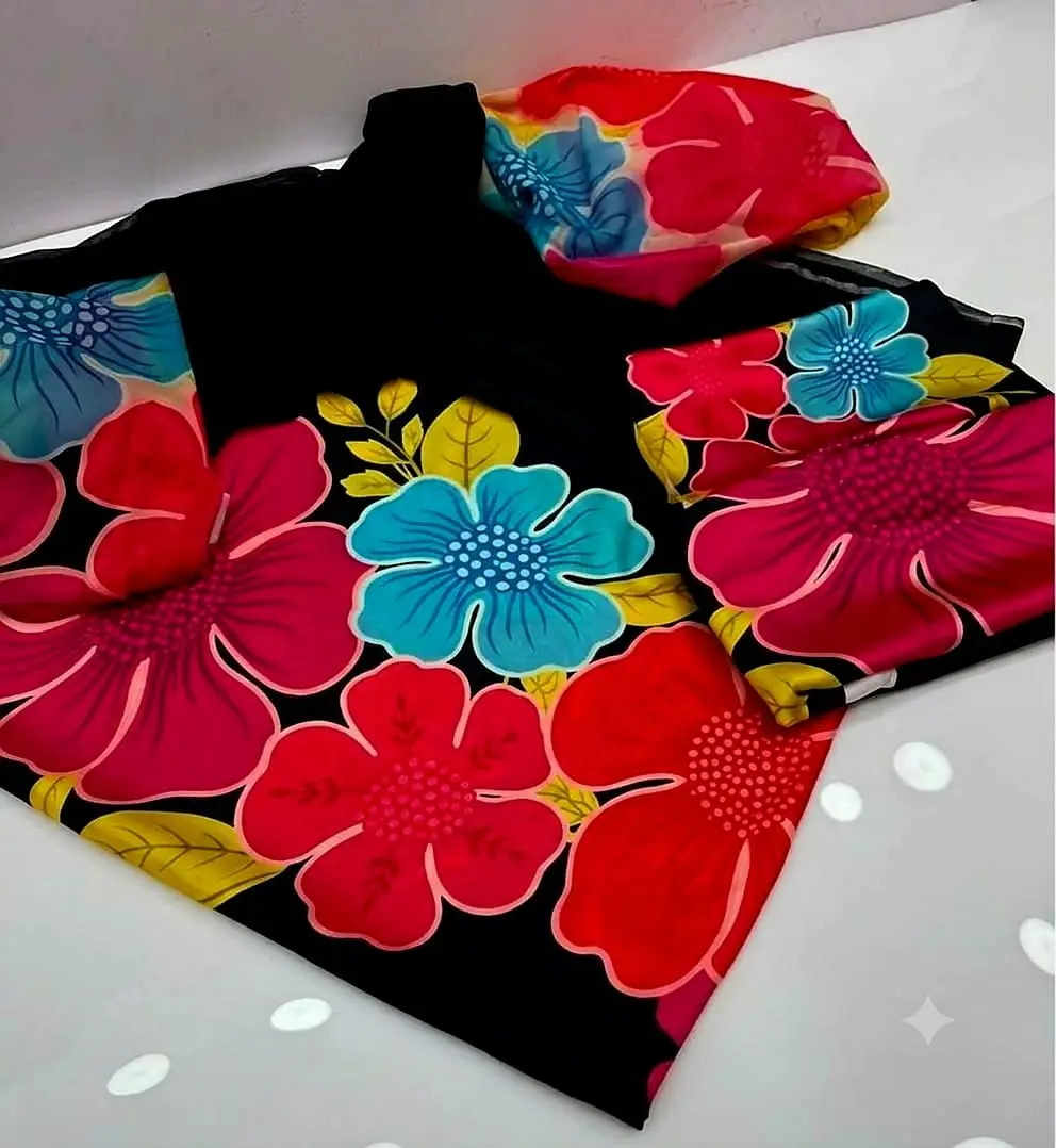 3 Piece Silky Suit for Women | Multi Shaded Digital Printed Airline Long Shirt | China Silk Dupatta | Printed Silky Trouser | Unstitched Pakistani Party Wear Dress