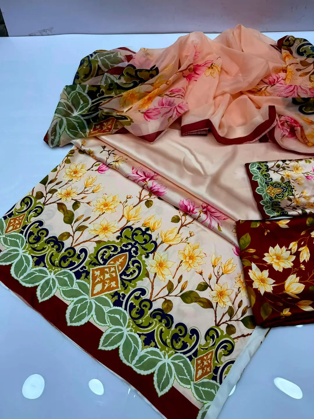 3 Piece Silky Suit for Women | Multi Shaded Digital Printed Airline Long Shirt | China Silk Dupatta | Printed Silky Trouser | Unstitched Pakistani Party Wear Dress