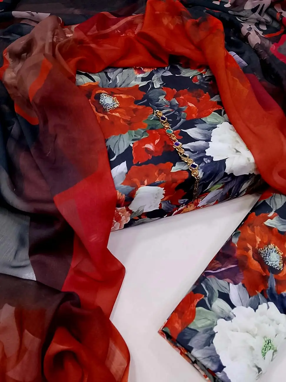 Digital Printed 3 Piece Swiss Lawn Suit for Women – Floral Print Lawn Shirt & Trouser with Original Crinkle Chiffon Dupatta | Summer Casual Dress | Pakistani Lawn Collection