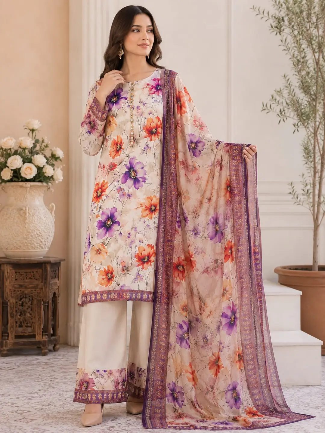 Digital Printed 3 Piece Swiss Lawn Suit for Women – Floral Print Lawn Shirt & Trouser with Original Crinkle Chiffon Dupatta | Summer Casual Dress | Pakistani Lawn Collection