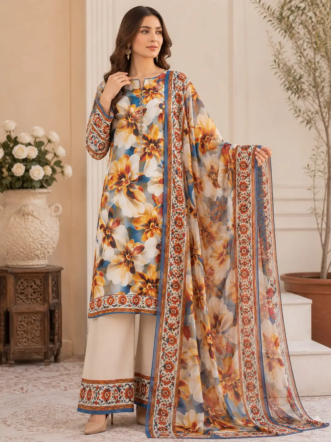 Digital Printed 3 Piece Swiss Lawn Suit for Women – Floral Print Lawn Shirt & Trouser with Original Crinkle Chiffon Dupatta | Summer Casual Dress | Pakistani Lawn Collection
