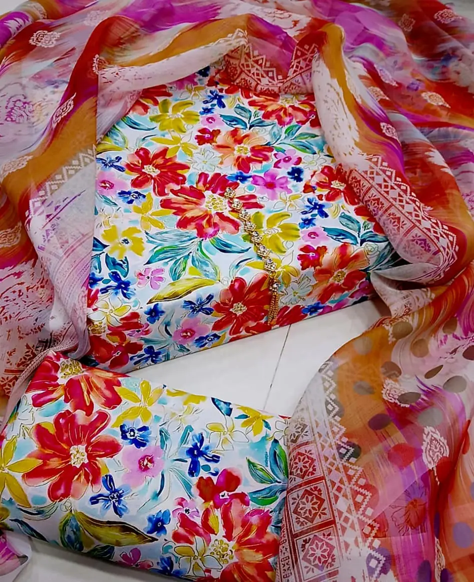 3 Piece Swiss Lawn Suit for Women - Digital Printed Lawn Dress with Crinkle Chiffon Dupatta