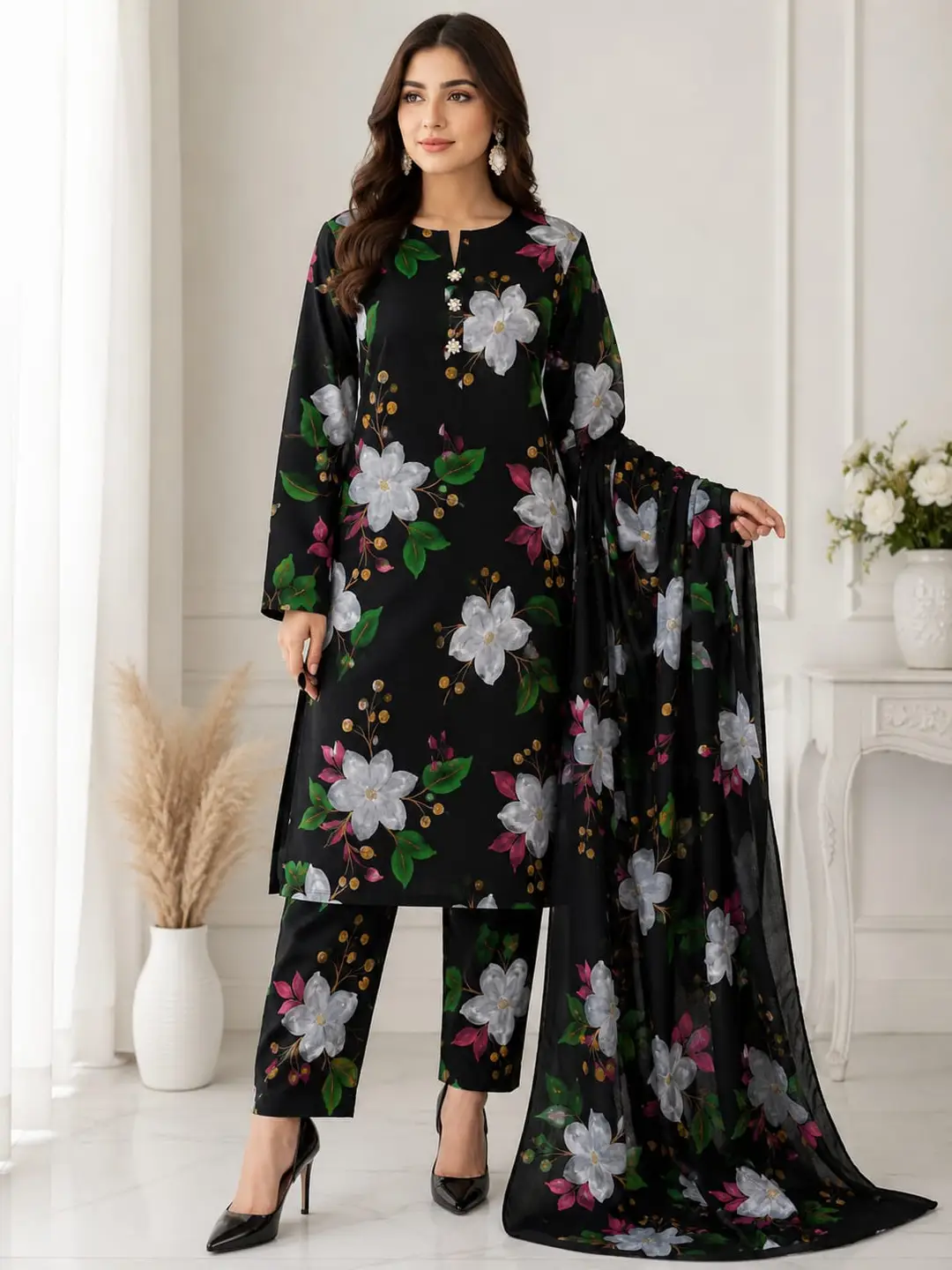 Unstitched 3 Piece Silk Suit for Women Digital Printed | Multishade Long Airline Shirt Trouser Dupatta | Ladies Silk Dress