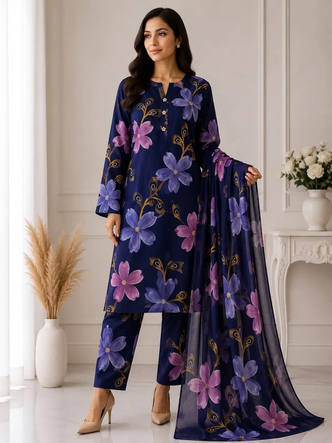 Unstitched 3 Piece Silk Suit for Women Digital Printed | Multishade Long Airline Shirt Trouser Dupatta | Ladies Silk Dress