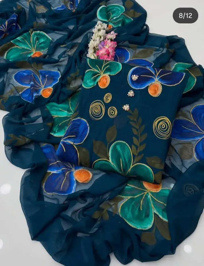 Unstitched 3 Pcs Silky Suit for Women | Digital Printed Silk Airline Long Shirt Trouser & Dupatta | Multishaded Printed Dress