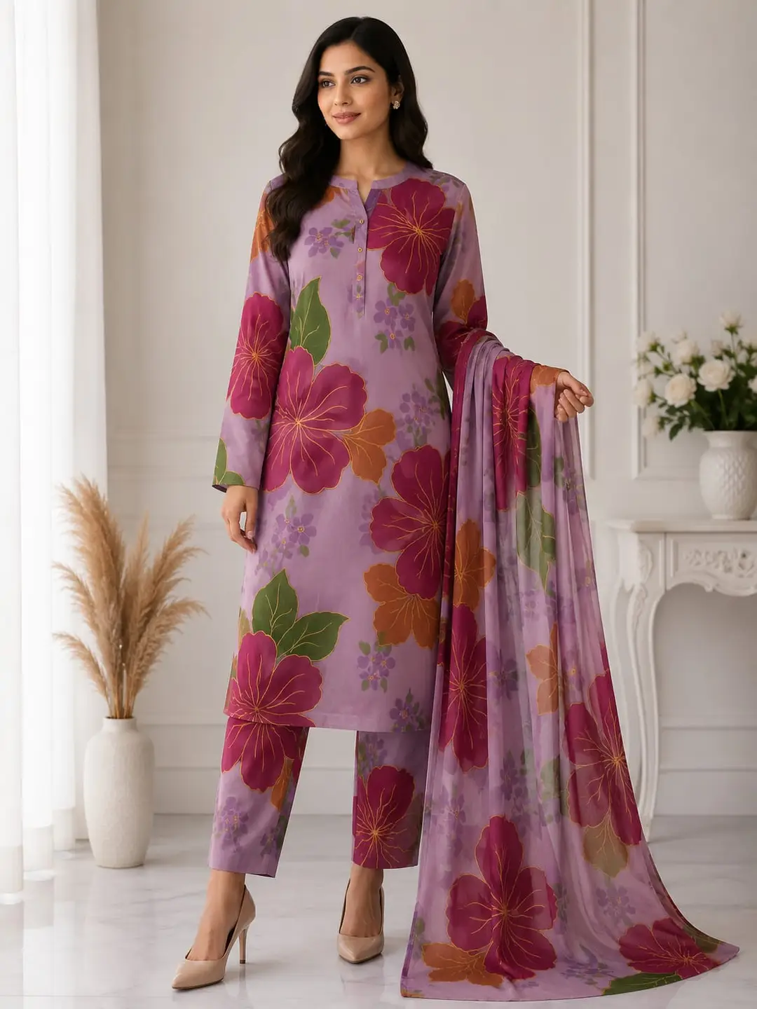 Unstitched 3 Piece Silk Suit for Women Digital Printed | Multishade Long Airline Shirt Trouser Dupatta | Ladies Silk Dress