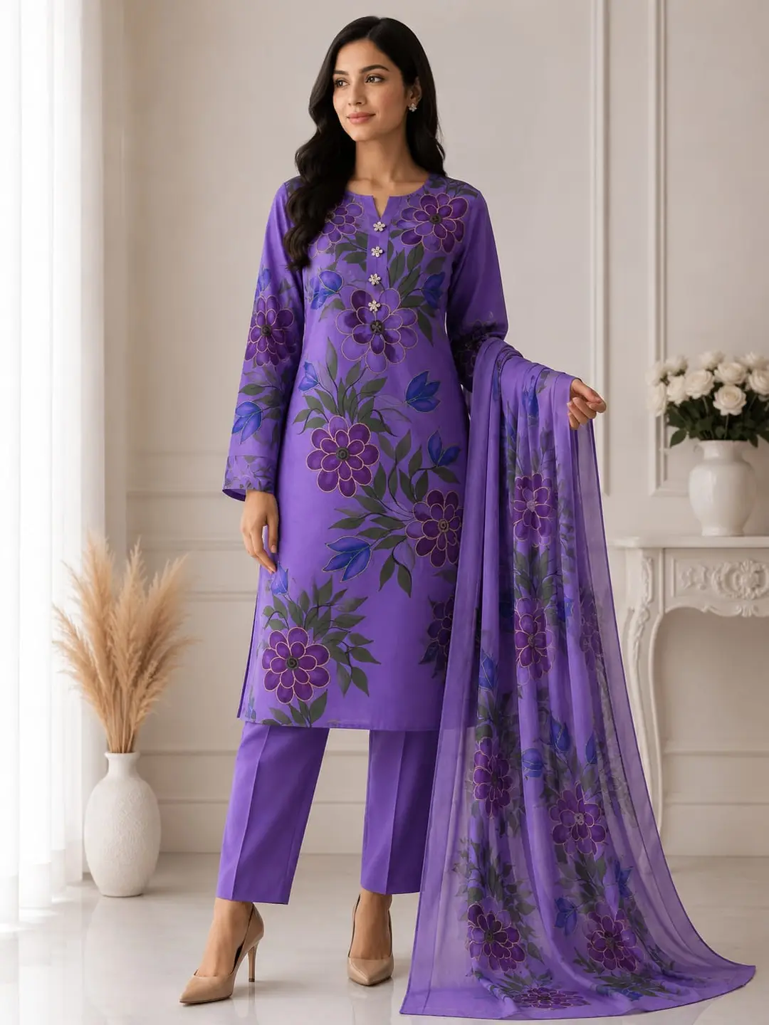 Unstitched 3 Piece Silk Suit for Women Digital Printed | Multishade Long Airline Shirt Trouser Dupatta | Ladies Silk Dress