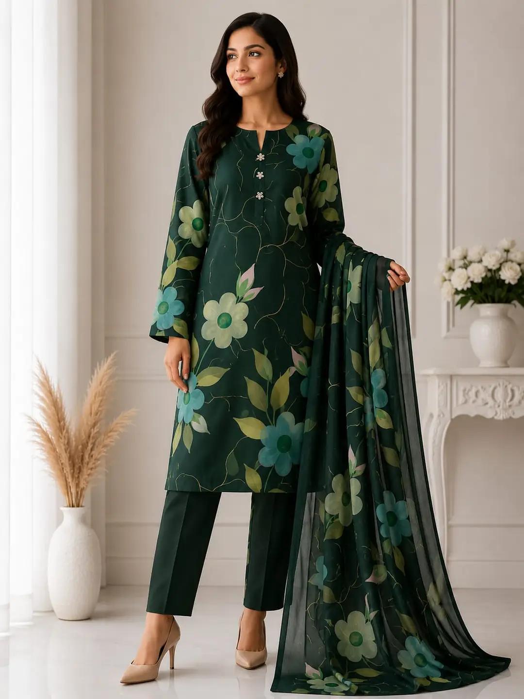 Unstitched 3 Piece Silk Suit for Women Digital Printed | Multishade Long Airline Shirt Trouser Dupatta | Ladies Silk Dress