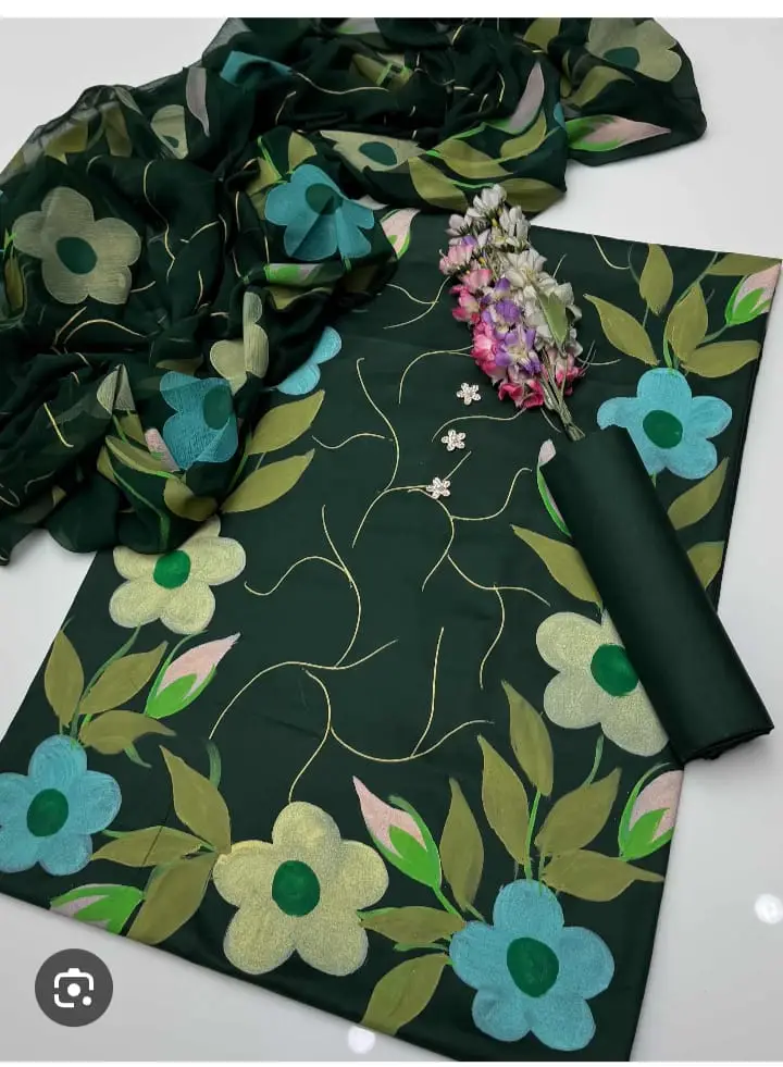 Unstitched 3 Piece Silk Suit for Women Digital Printed | Multishade Long Airline Shirt Trouser Dupatta | Ladies Silk Dress