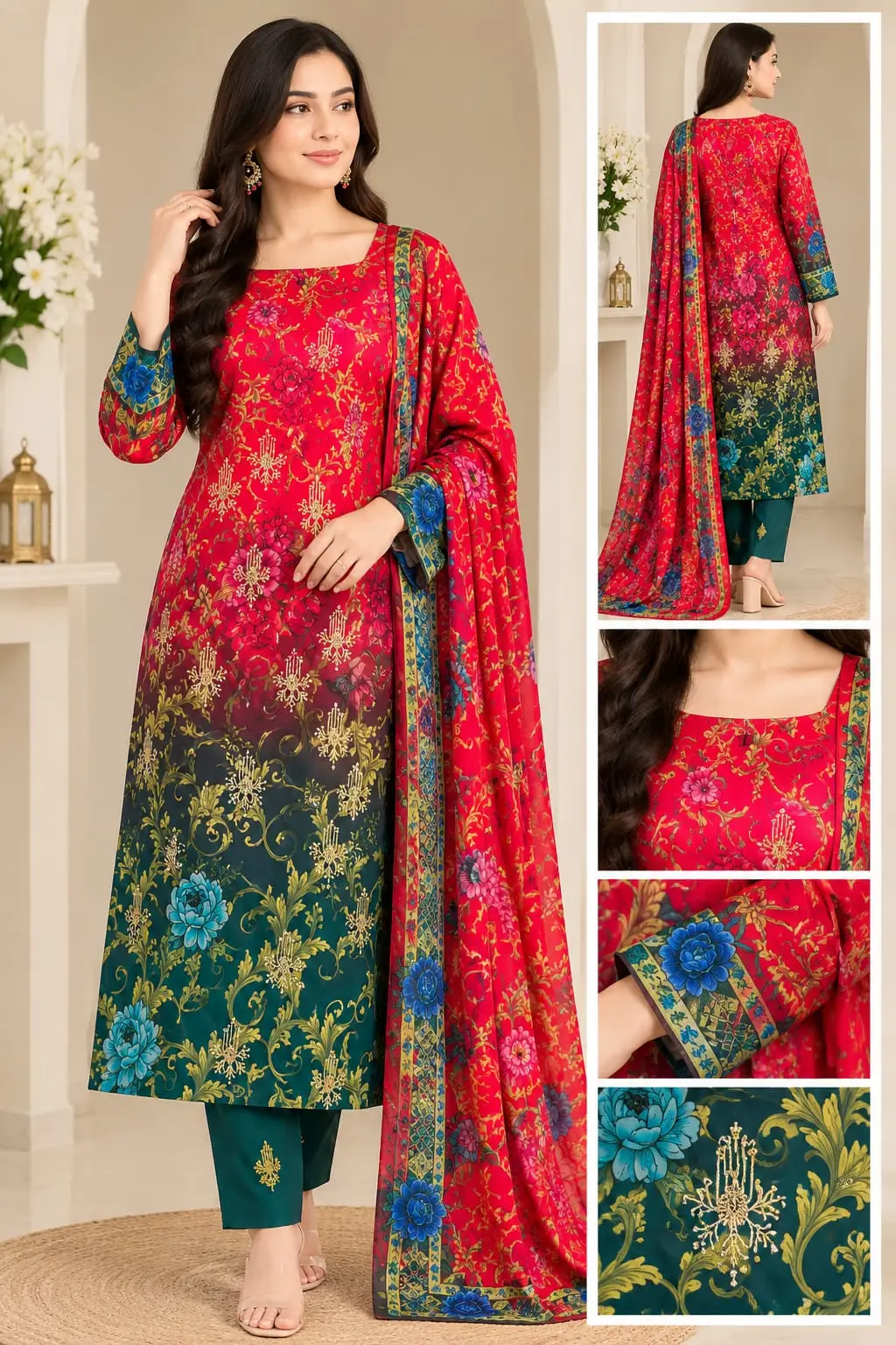 3 Pcs Women's Unstitched Embroidered Suit