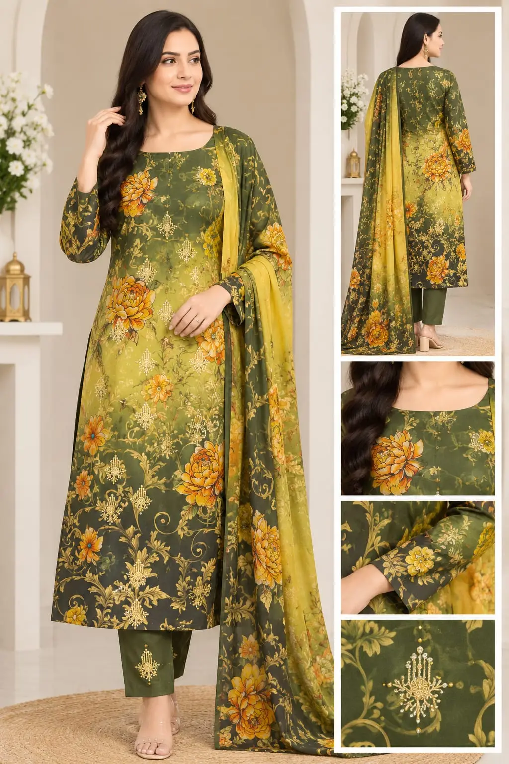 3 Pcs Women's Unstitched Embroidered Suit