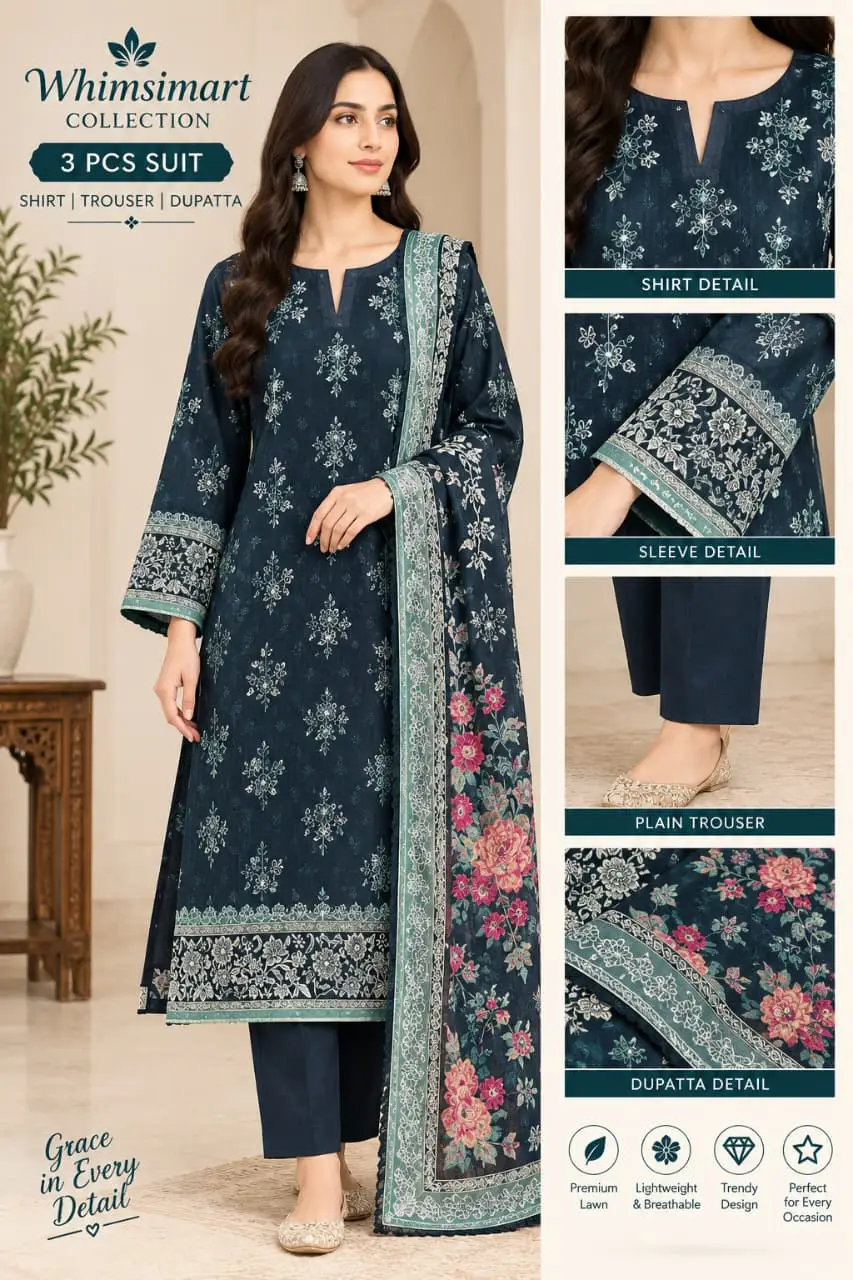 Mausammry 3 Piece Linen Suit 2026 | Original Printed Linen Shirt, Linen Dupatta & Dyed Trouser