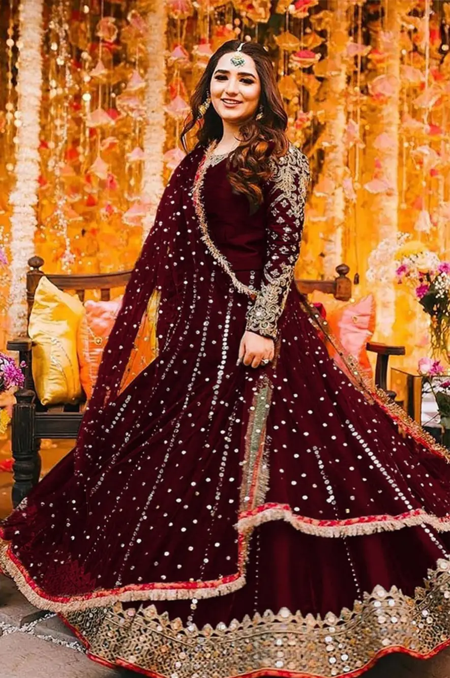 Women's Heavy Embroidered Silk Maxi 3 Piece Suit with Mirror Work, Pearl Lace Chiffon Dupatta & Trouser – Pakistani Party Wear Dress