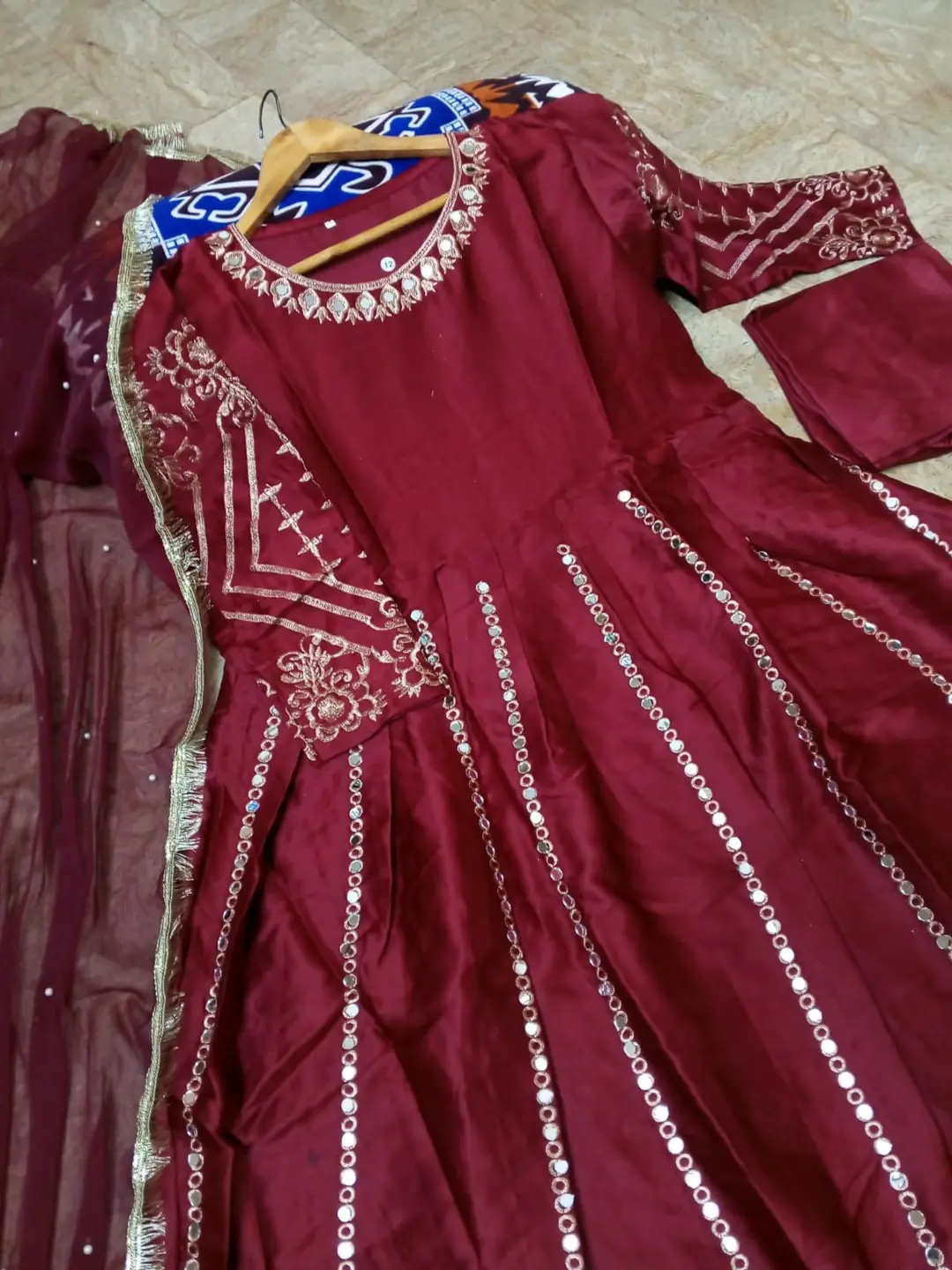Women's Heavy Embroidered Silk Maxi 3 Piece Suit with Mirror Work, Pearl Lace Chiffon Dupatta & Trouser – Pakistani Party Wear Dress