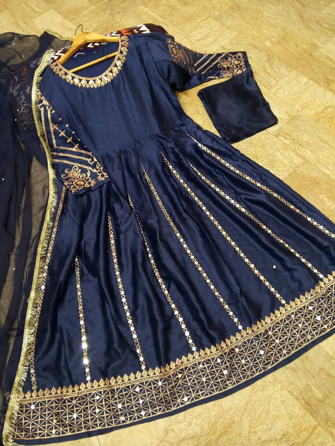 Women's Heavy Embroidered Silk Maxi 3 Piece Suit with Mirror Work, Pearl Lace Chiffon Dupatta & Trouser – Pakistani Party Wear Dress