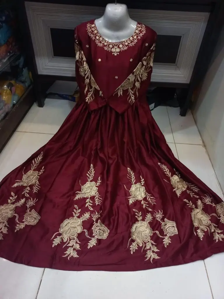 Women's Heavy Embroidered Silk Maxi Dress | Fancy Party Wear Long Maxi Gown | Embroidered Neck, Sleeves & Bottom | Elegant Formal Dress for Women