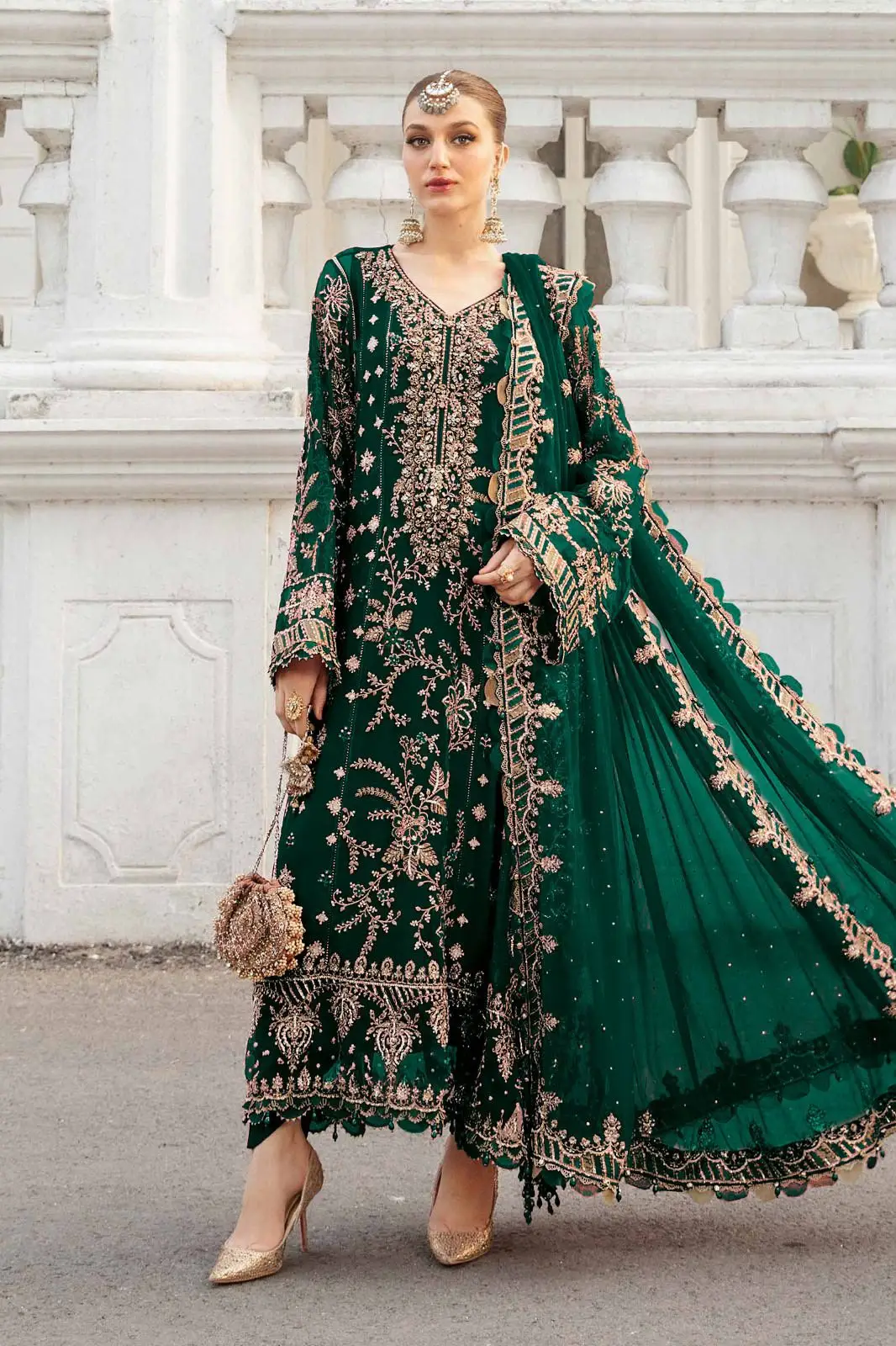 Designer Chiffon Embroidered Suit 3 Piece | Hand Embellished Sequins Work Wedding & Party Wear with Satin Silk Trouser