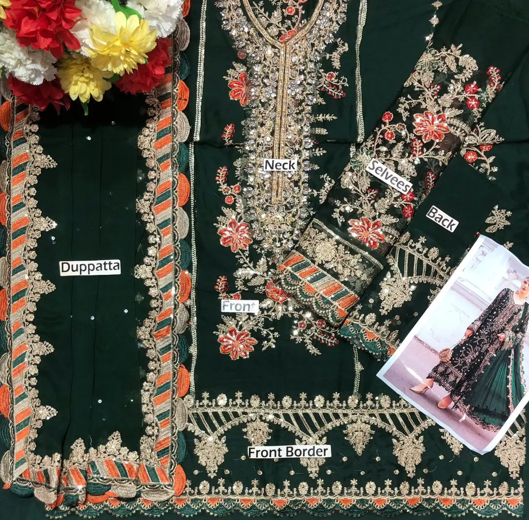 Designer Chiffon Embroidered Suit 3 Piece | Hand Embellished Sequins Work Wedding & Party Wear with Satin Silk Trouser