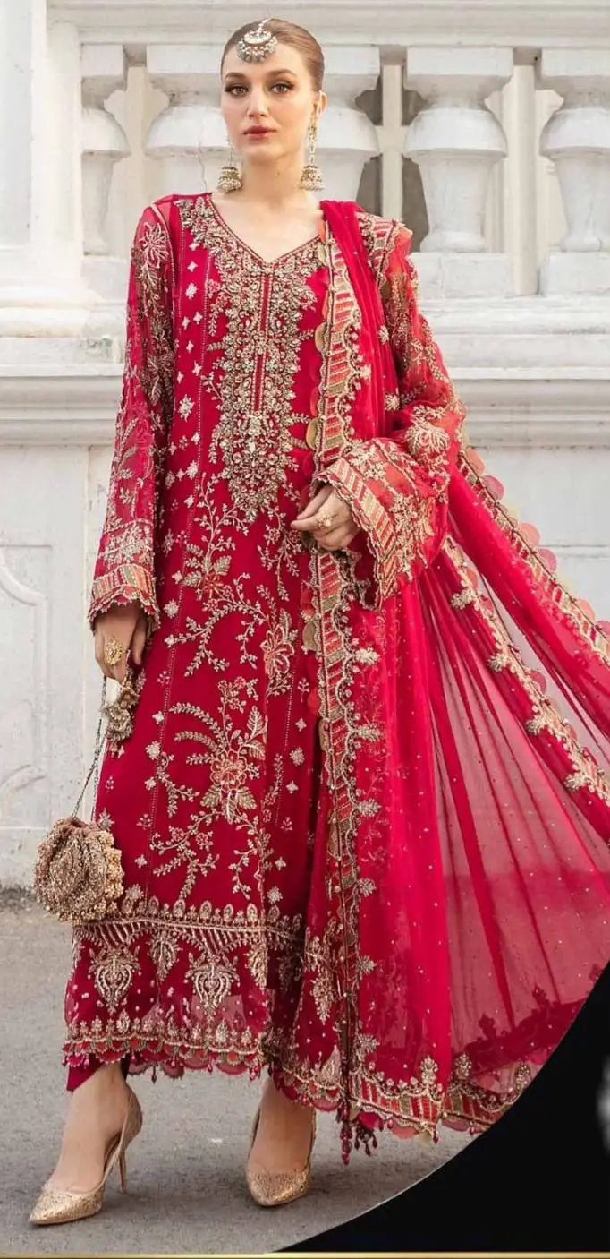 Designer Chiffon Embroidered Suit 3 Piece | Hand Embellished Sequins Work Wedding & Party Wear with Satin Silk Trouser