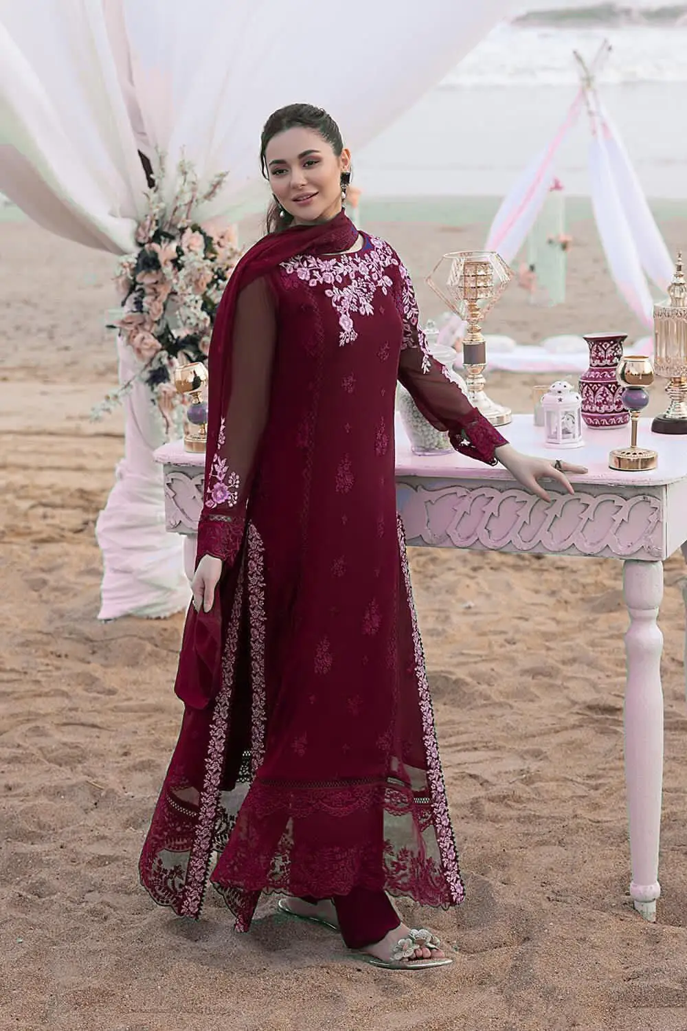 Luxury Chiffon Embroidered 3 Piece Unstitched Suit for Women | Heavy Sequence Embroidery & Adda Work | Designer Party Wear with Malai Trouser