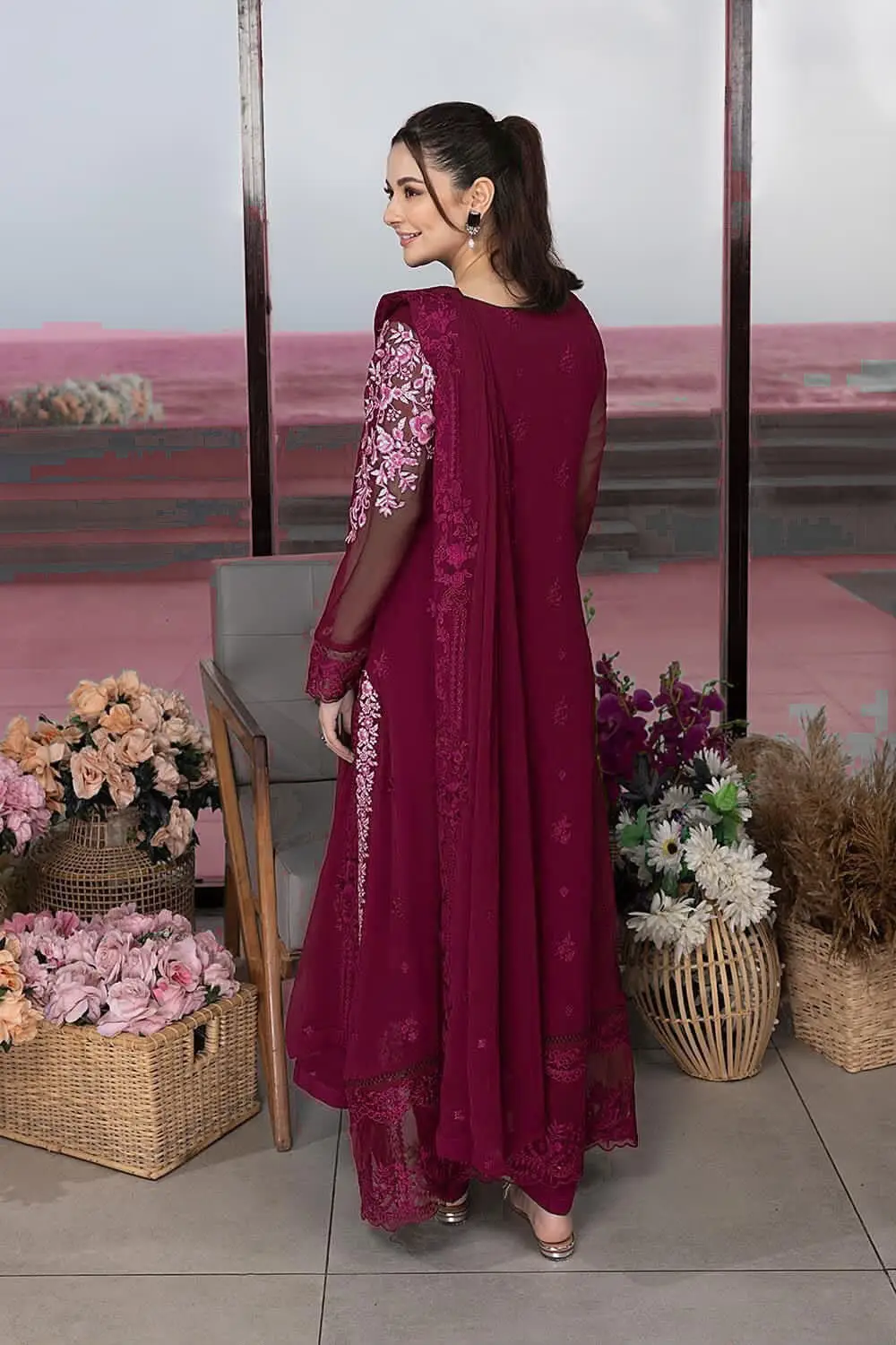 Luxury Chiffon Embroidered 3 Piece Unstitched Suit for Women | Heavy Sequence Embroidery & Adda Work | Designer Party Wear with Malai Trouser