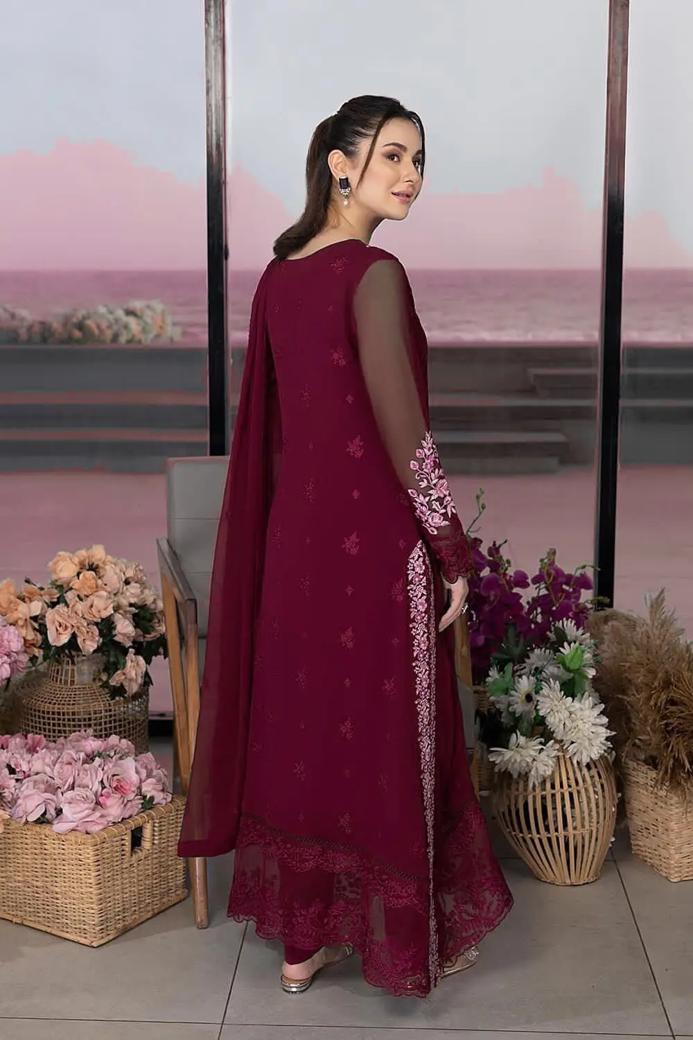 Luxury Chiffon Embroidered 3 Piece Unstitched Suit for Women | Heavy Sequence Embroidery & Adda Work | Designer Party Wear with Malai Trouser